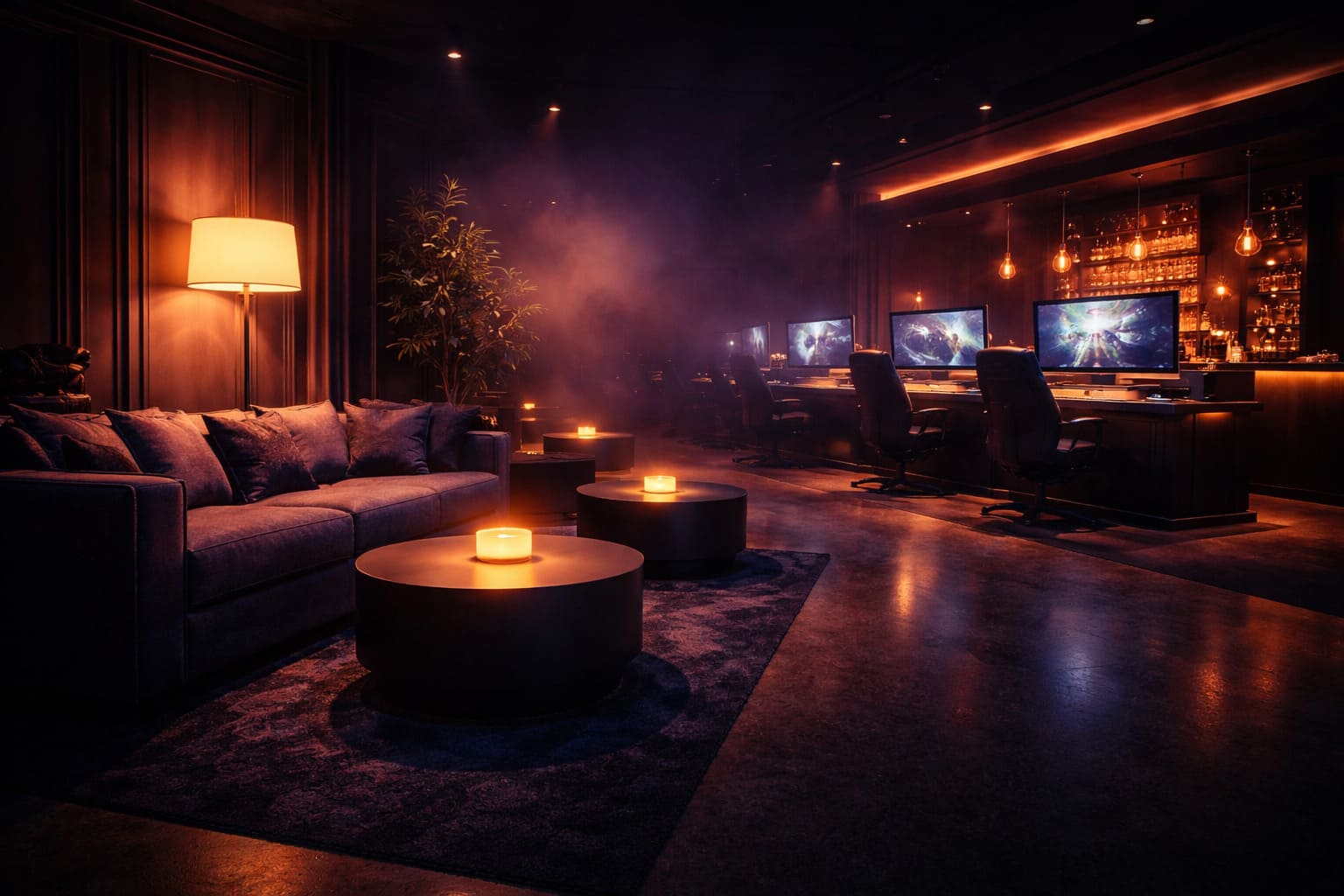 Atmospheric social gaming lounge interior with warm and cool lighting